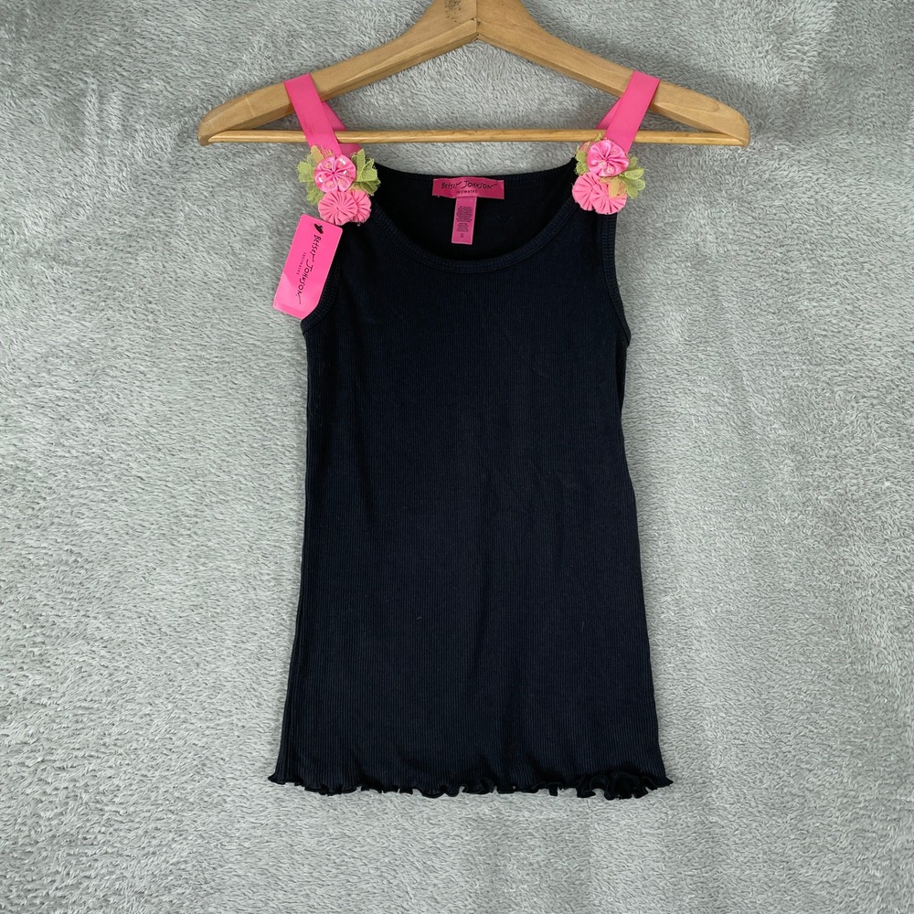 Betsey Johnson Tank Womens Small Black Pink Rosette Ribbed Y2K Coquette NWT